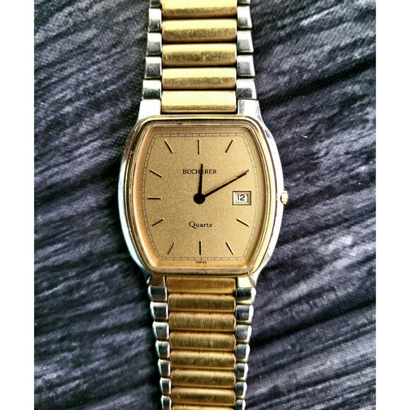 Vintage Bucherer Gold Dust Dial Mens Swiss Tank Date Watch